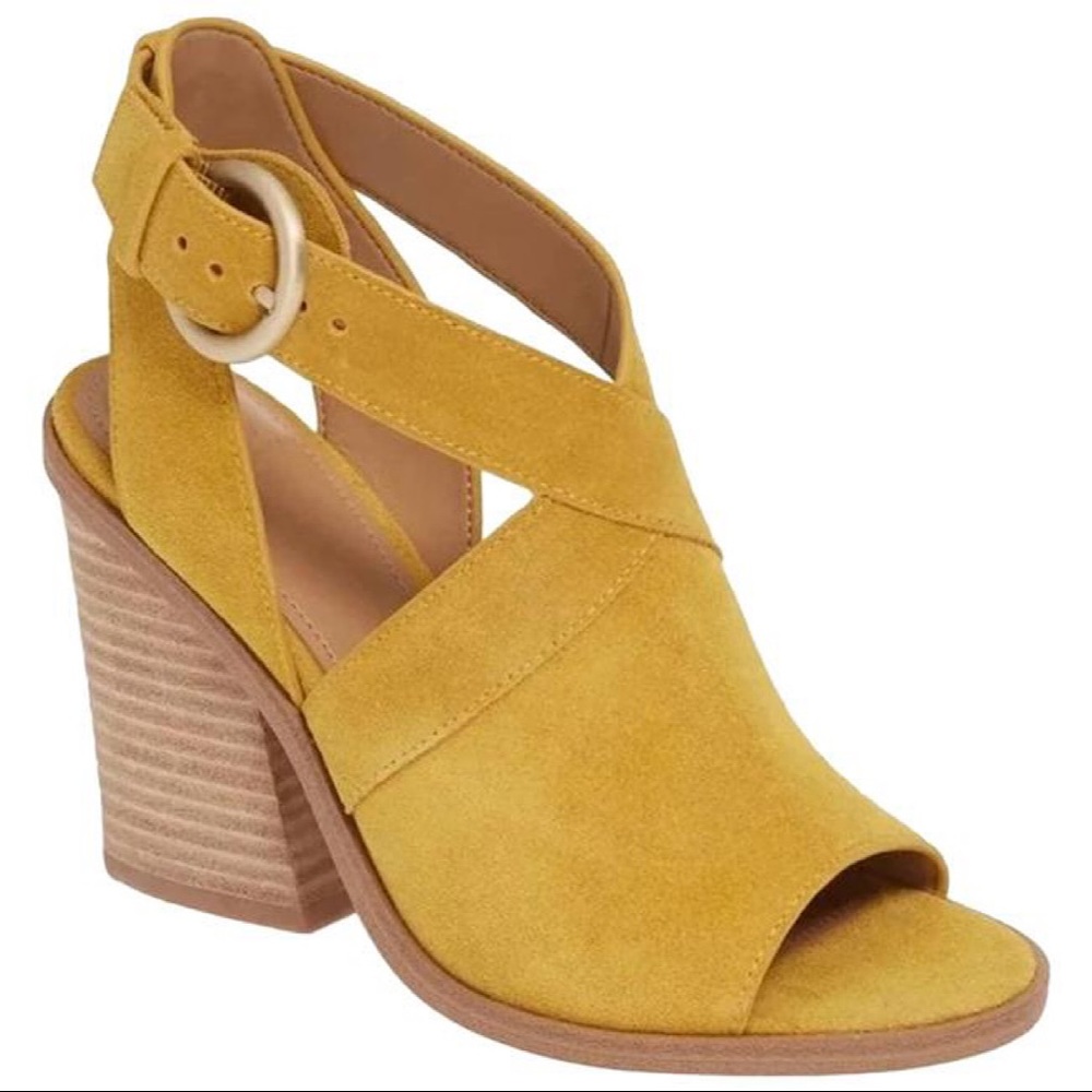 Marc Fisher Ltd Vega Peep Toe Leather Suede Sandals Heels Mustard Yellow 10